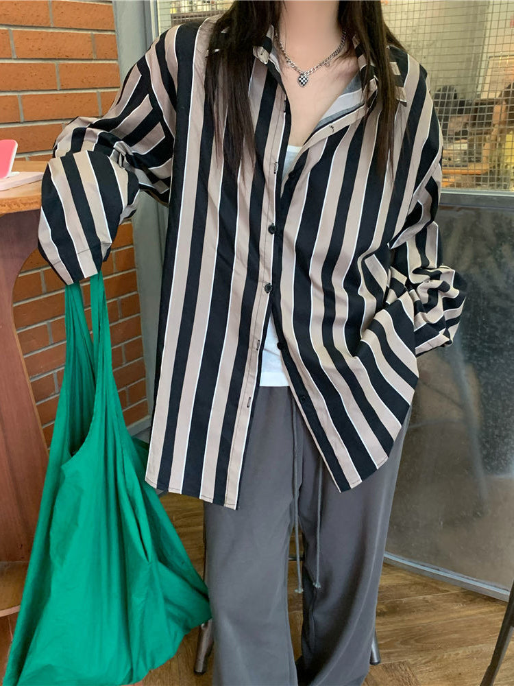 Long Sleeve Casual Retro Striped Blouse Shirt