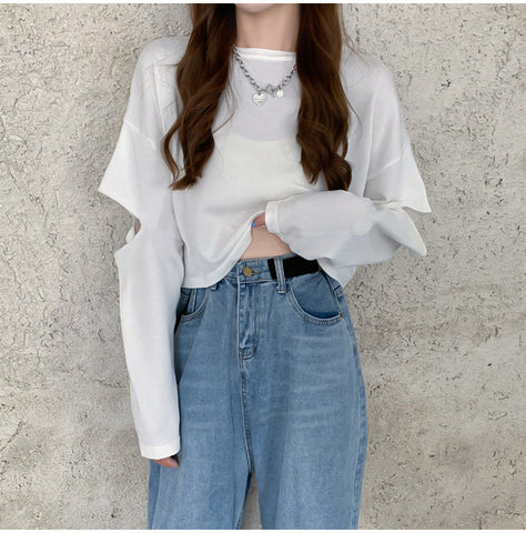 Long Hole Sleeve O-Neck Cropped Shirt