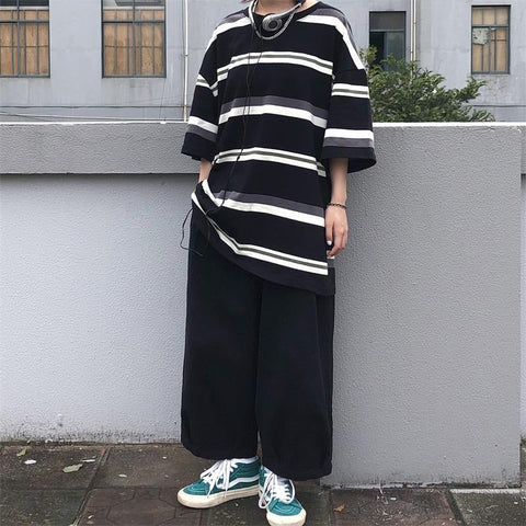 Loose Oversize Striped Short Sleeve Shirt