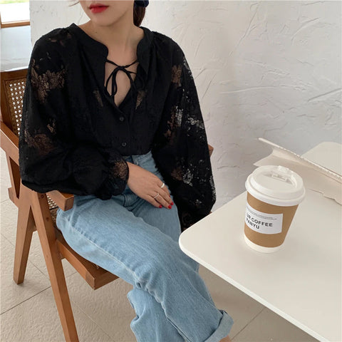 Black Thin Lace Lantern Sleeve Shirt