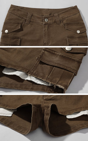 Low-Rise Cargo Shorts with Distressed Hem and Inner Layer Detail