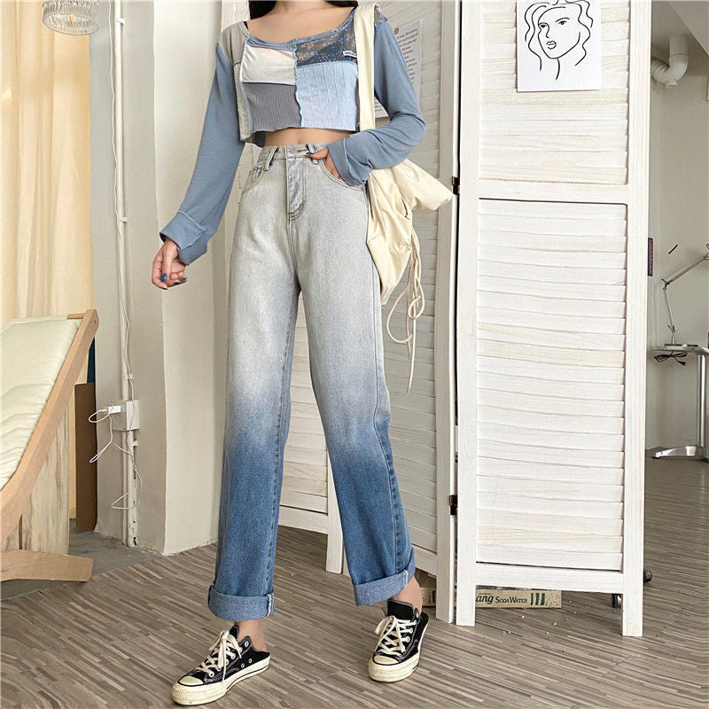 High Waist Blue Gradient Color Jeans Pants