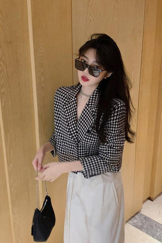 Houndstooth Pattern Notched Blazer Jacket
