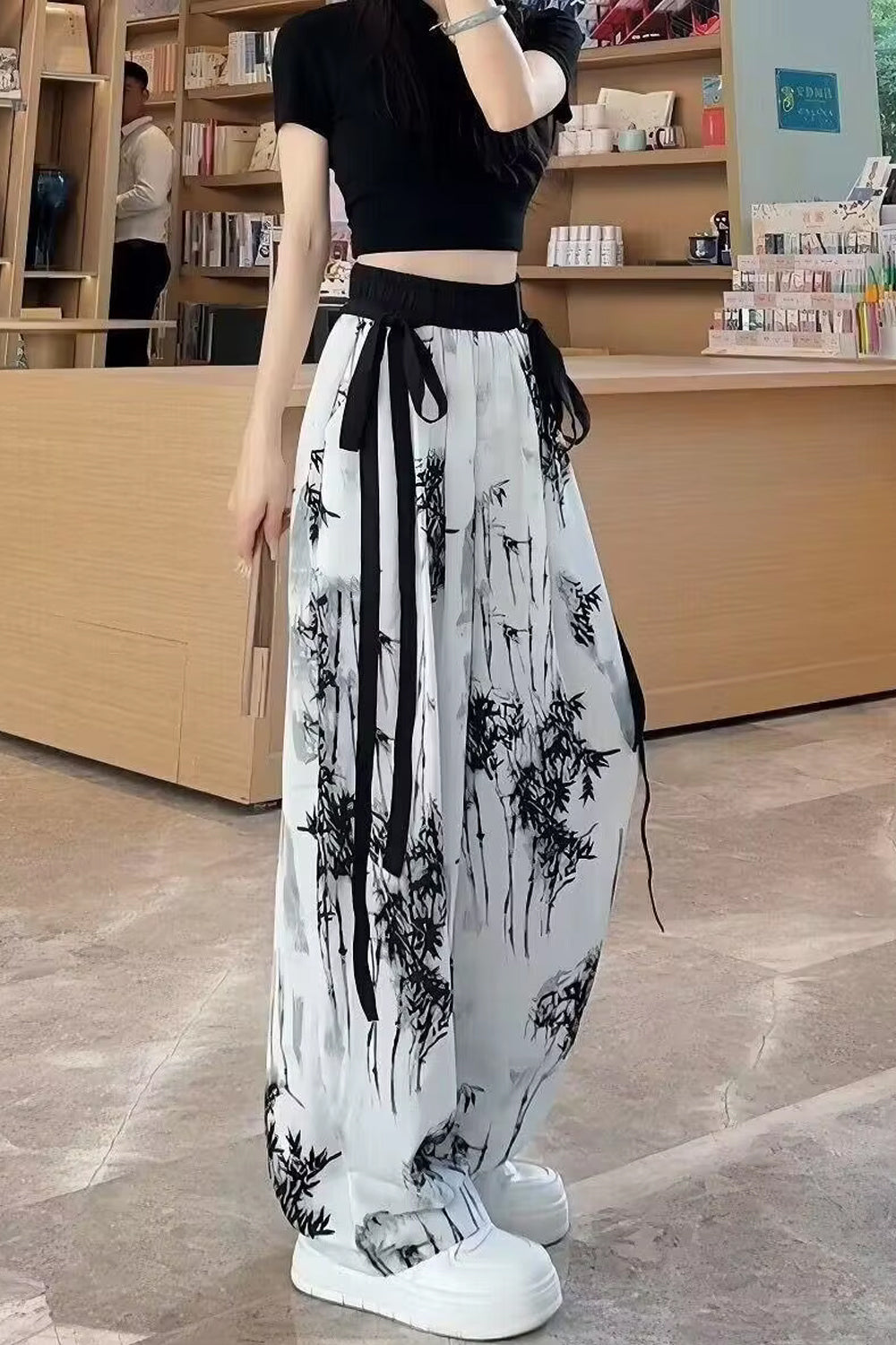 Long Black Flowers Mesh Chiffon Pants