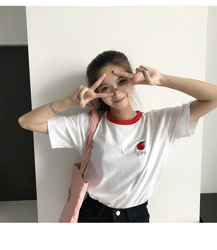 Fruit Embroidered Casual Ringer Shirt