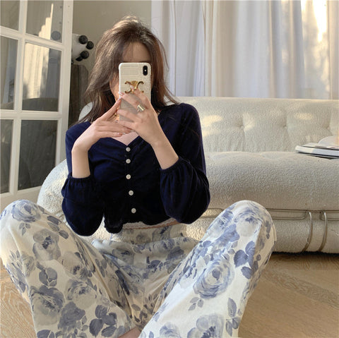 Floral Pattern Wide Leg Style Casual Long Pants