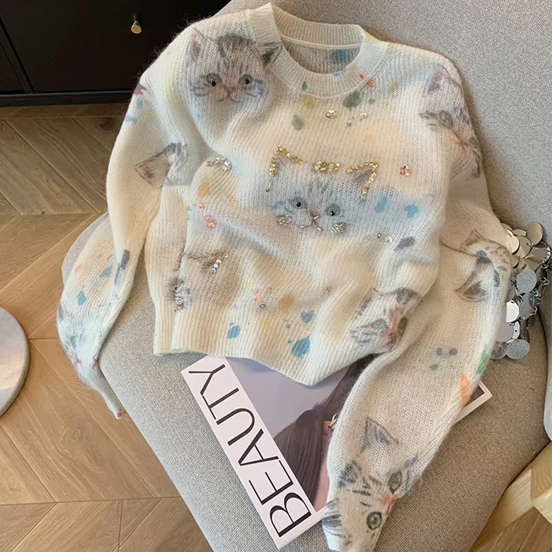 Long Sleeve Cat Pattern With Beading O-Neck Sweater