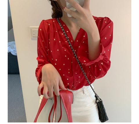 Cute Love Pattern Printed Elegant Blouse Shirt