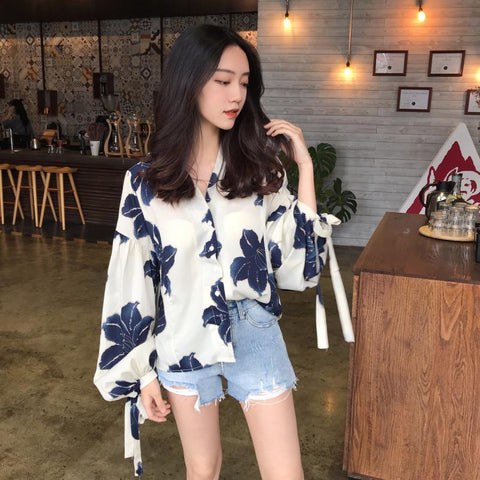 Flower Elegant Lantern Sleeve Blouse Shirt