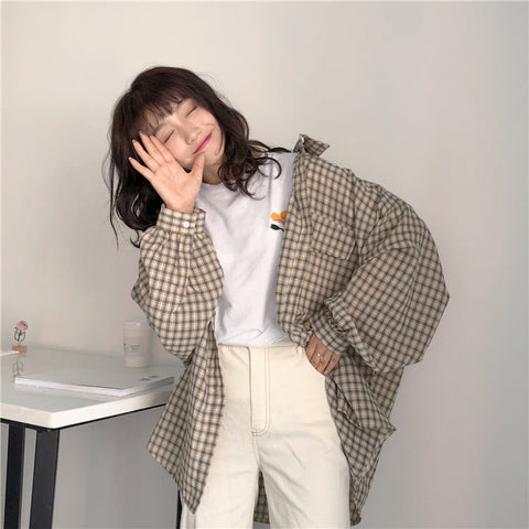 Loose Long Sleeve Casual Plaid Blouse Shirt