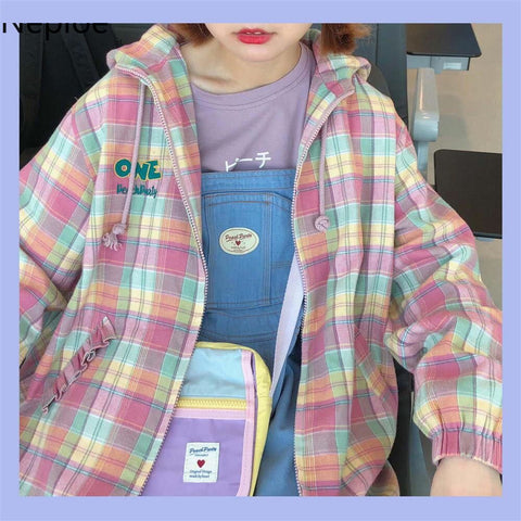 Pastel Pink Plaid Zipper Hooded Jacket