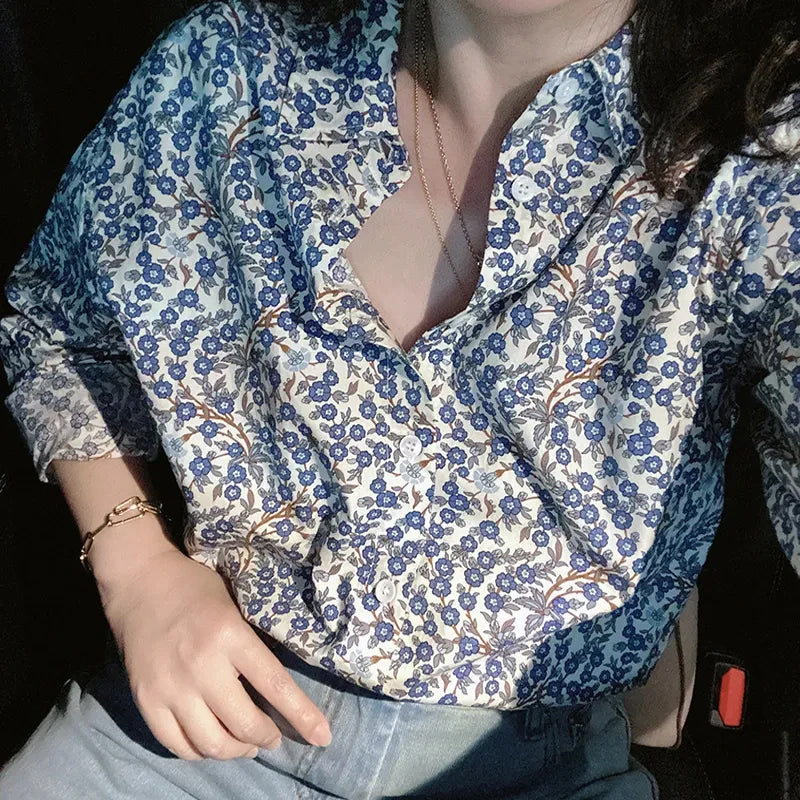 Long Sleeve Blue Floral Casual Blouse Shirt