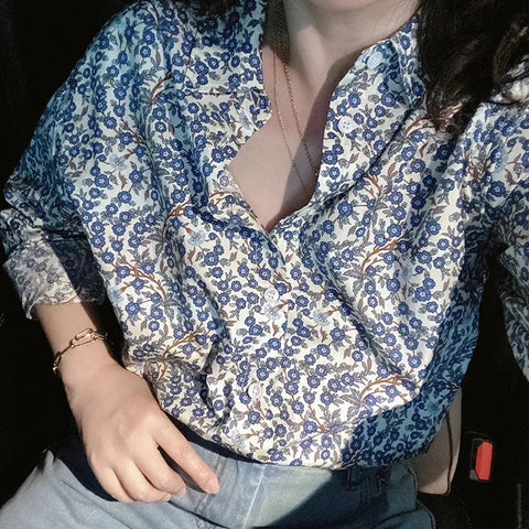 Long Sleeve Blue Floral Casual Blouse Shirt