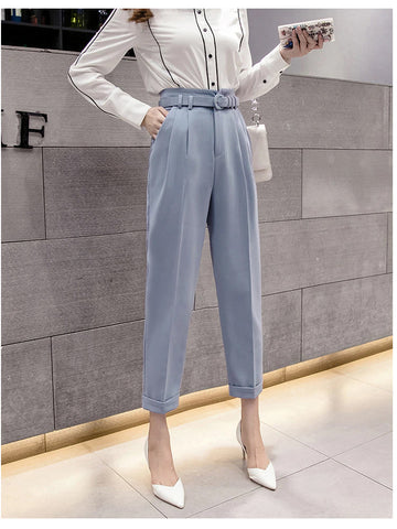 High Waist Belted Ankle Length Elegant Office Pants