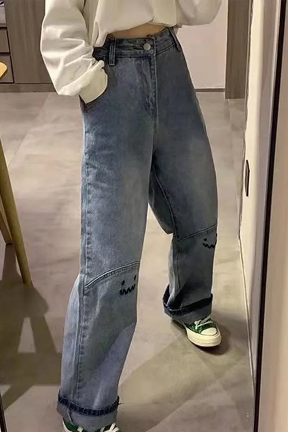 Süße Monster Smiley Lange Jeanshose mit hoher Taille 