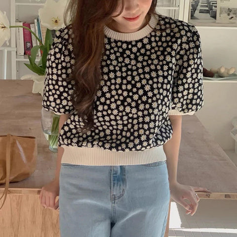 Daisy Printed Puff Sleeve Slim Shirt
