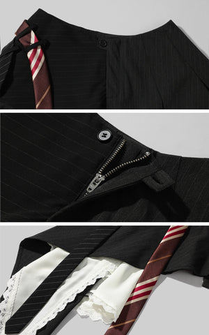 Asymmetric Pinstripe Mini Skirt with Tie Detail and Lace Trim