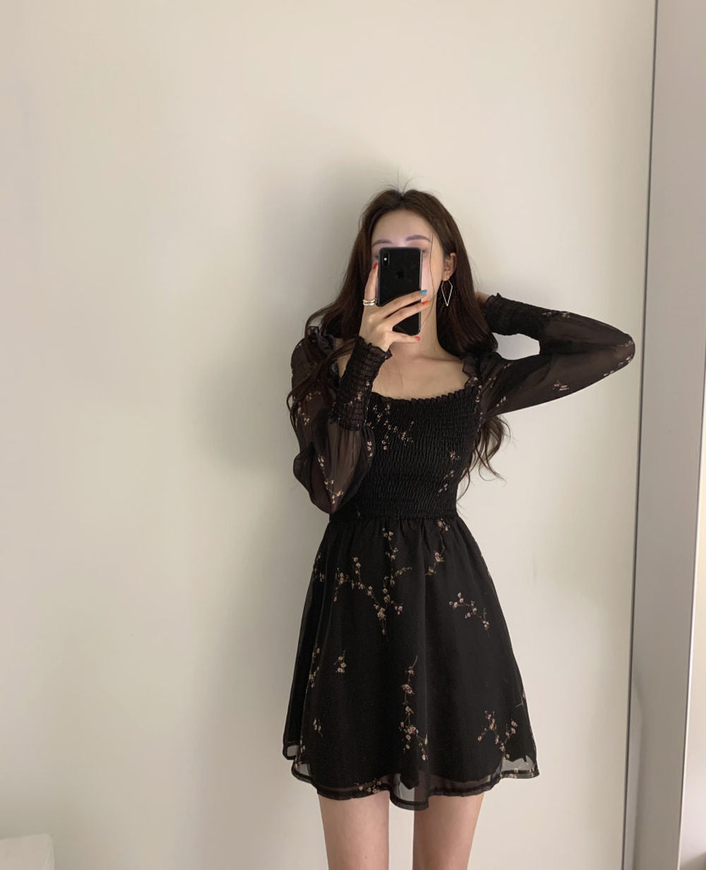 Sexy Flower Puff Sleeve Chiffon Black Dress