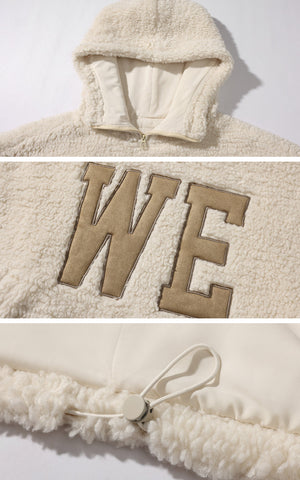 Oversized Wool-like Fleece Hoodie with WE Letter Patch