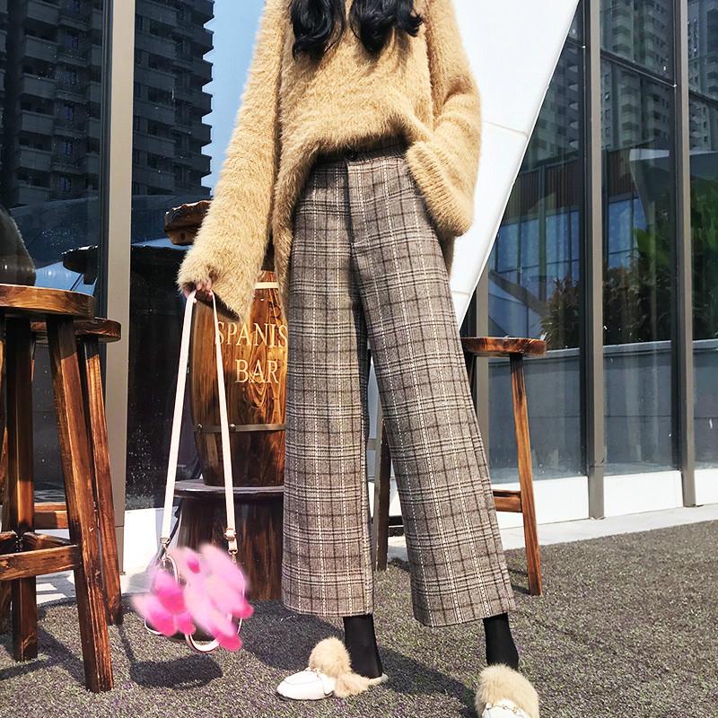 High Waist Ankle Length Woolen Plaid Pants