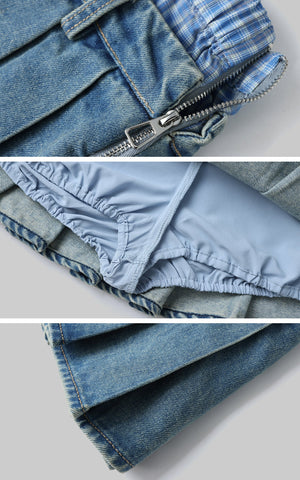 Pleated Denim Micro Skirt with Contrast Waistband