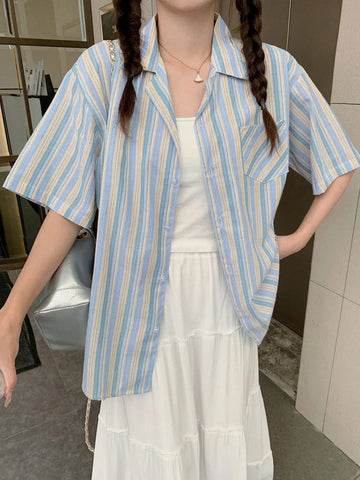 Short Sleeve Blue Striped Vintage Blouse Shirts