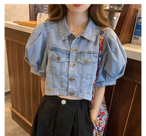 Solid Puff Sleeve Cropped Denim Shirts