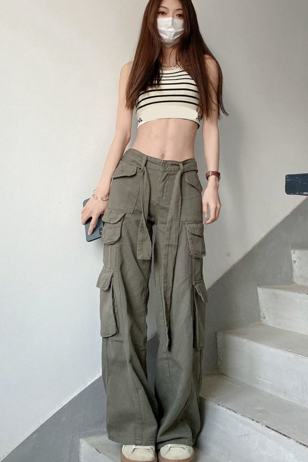 High Waist Cargo Pockets Loose Pants