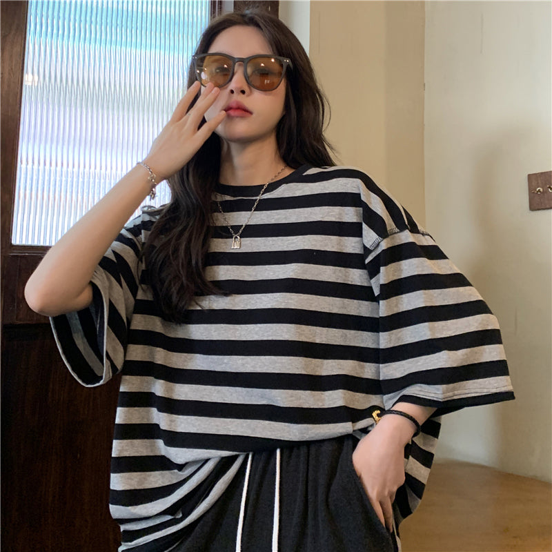 Loose Oversize O-Neck Striped Shirt