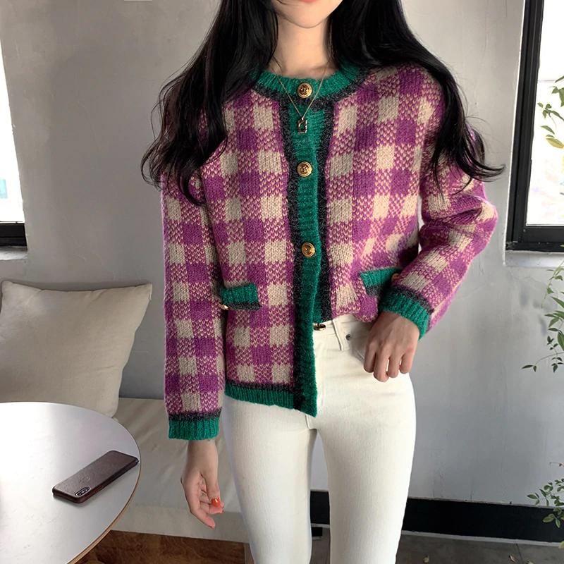 Vintage Purple Knitted Plaid Cardigan