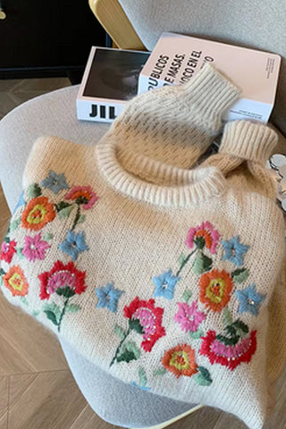 Long Sleeve Flowers Embroidered Knitted Sweater