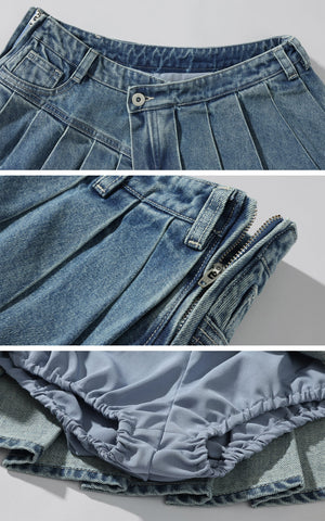Pleated Ultra Mini Denim Skirt