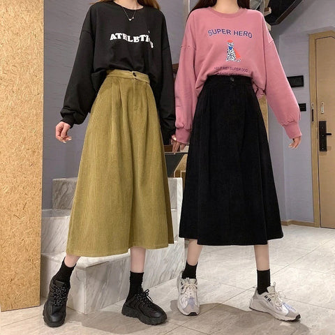 High Waist Solid Corduroy A-Line Long Skirts