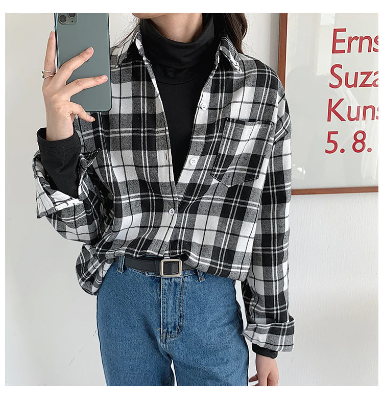 Vintage Classic Plaid Style Turn Down Collar Shirt