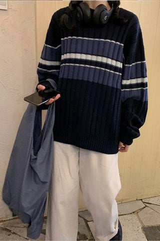 Vintage Striped Ribbed Loose Sweater