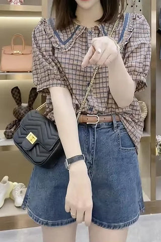 Puff Sleeve Peter Pan Collar Design Plaid Shirt