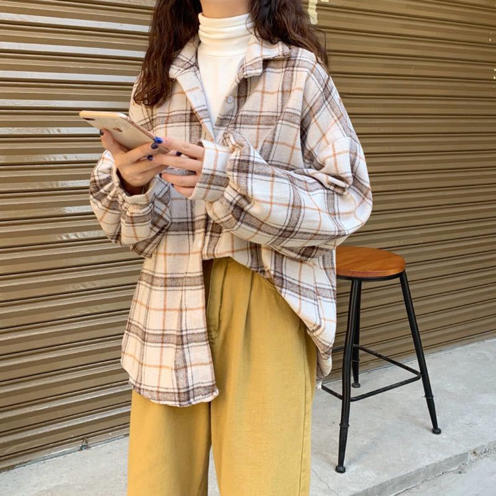 Loose Long Sleeve Button Plaid Blouse Shirt