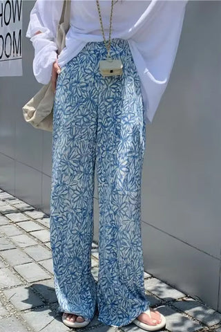 High Waist Casual Flower Pattern Pleated Pants