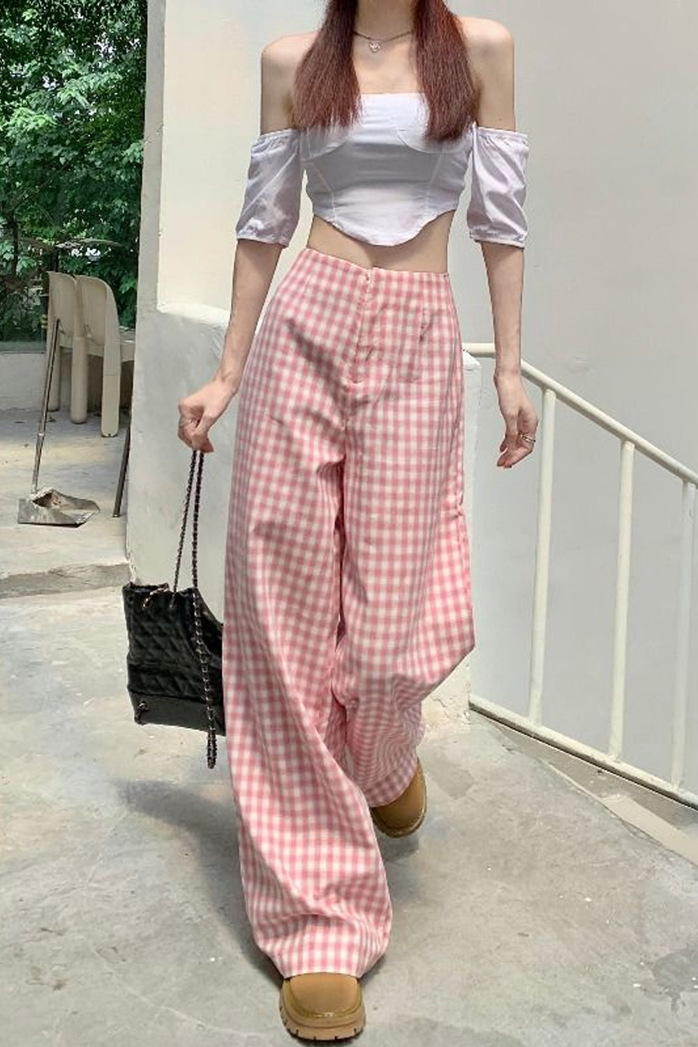 High Waist Elegant Pink Plaid Wide Leg Long Pants