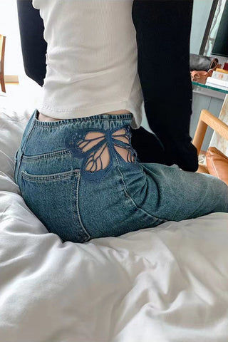 High Waist Butterfly Shaped Hole Jeans Pants