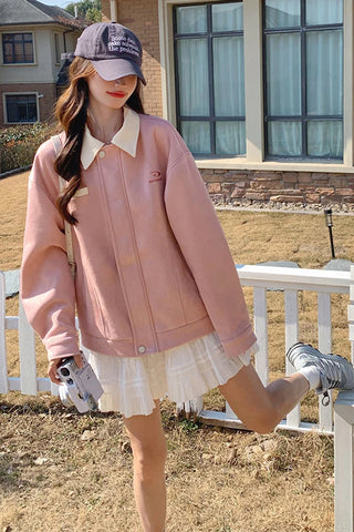 Long Sleeve Faux Suede Pink Elegant Jacket