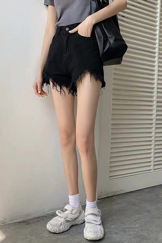 High Waist Tassel Ripped Black Shorts Jeans