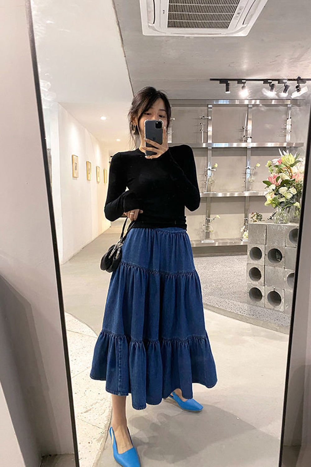 High Waist Ruffles A-Line Long Denim Skirt