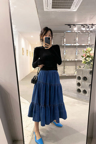 High Waist Ruffles A-Line Long Denim Skirt