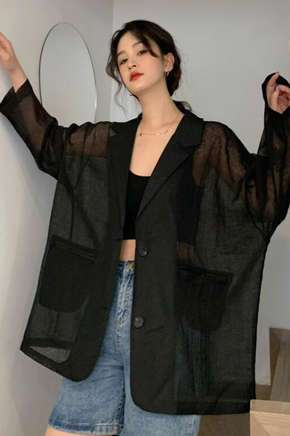 Camisa blazer fina semitransparente de manga larga 