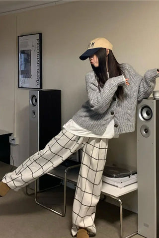 Loose White Plaid Long Homewear Pants