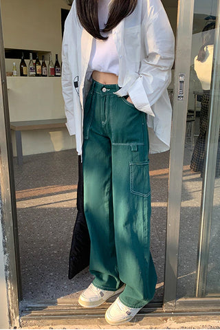 High Waist Loose Wide Leg Green Retro Jeans Pants