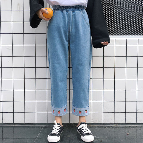 High Waist Jeans With Strawberry Embroidery