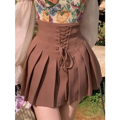 High Waist Brown Pleated Mini Skirts