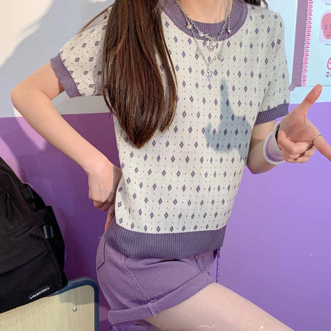 Retro Diamonds Pattern Cropped Slim Shirt